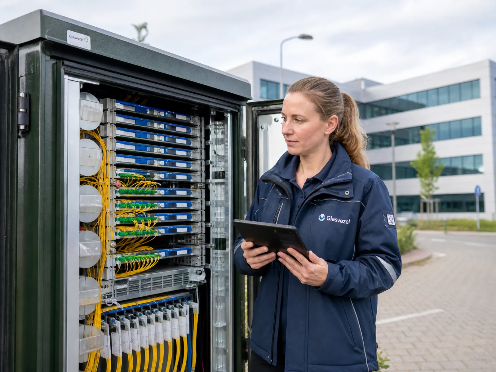 Netwerkengineer inspecteert een glasvezelverdeelkast op een bedrijventerrein